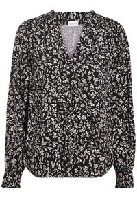 Blouse noire à fleurs avec manches longues, tissu léger, encolure en V, détails froncés au col et motifs floraux blancs sur toute la surface.