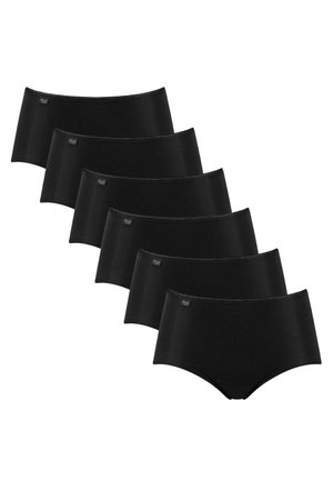 Sættet med sort undertøj indeholder seks par. Hvert par har en glat tekstur, en høj talje-design og en subtil dekorativ søm langs toppen.
