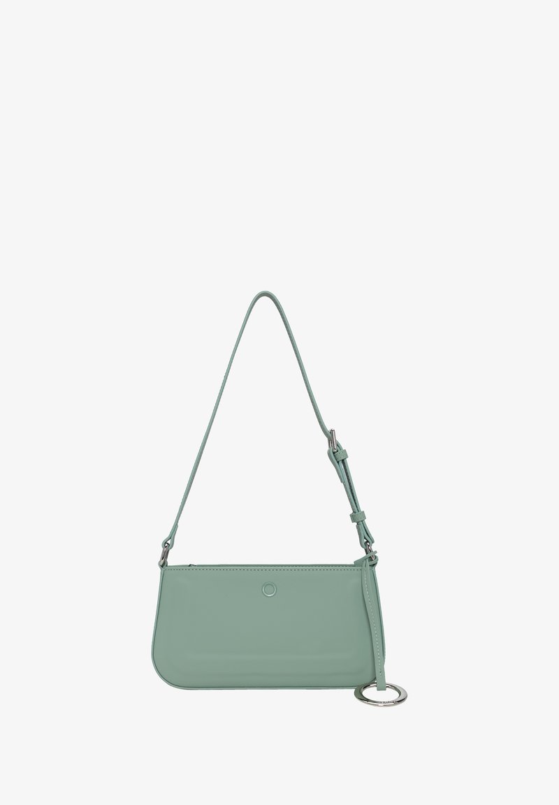 Mintgrüne Leder-Schultertasche mit glatter Textur, schlankem rechteckigem Design, verstellbarem Trageriemen und silbernen Hardware-Akzenten.