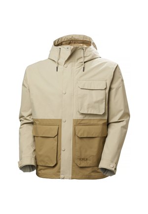 Beige and tan hooded jacket with front snap buttons, three flap pockets, and adjustable button cuffs.