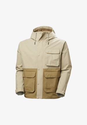 Beige en zandkleurige gewatteerde jas met capuchon, voorste drukknopen, drie klepzakken en verstelbare knoopmanchetten.