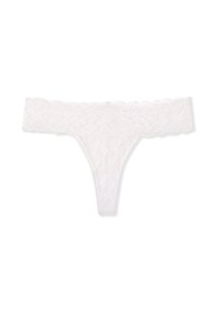 Tanga bianco in pizzo con un motivo floreale, dotato di una larga fascia in pizzo in vita e uno string back sottile, che mette in risalto una delicata texture e un design trasparente.