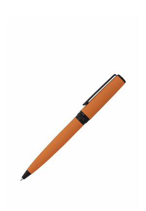 Orange ballpoint pen with black clip, tip, and twist mechanism on white background.