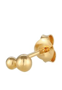 Goldfarbene Stud-Ohrringe mit zwei sphärischen Elementen unterschiedlicher Größe, glänzender Oberfläche und einem sicheren Stecker-Verschluss.