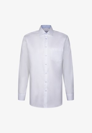 Camicia bianca a maniche lunghe con colletto button-down, taschino sul petto e interno collo con accenti azzurri. Tessuto liscio e vestibilità regolare.