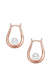 Orecchini a cerchio in oro rosa con una perla liscia al centro, dalla forma elegante a goccia e finitura lucida.