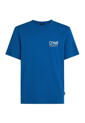 Blue cotton t-shirt with short sleeves, crew neck, and white logo on the left chest; smooth texture and relaxed fit.
