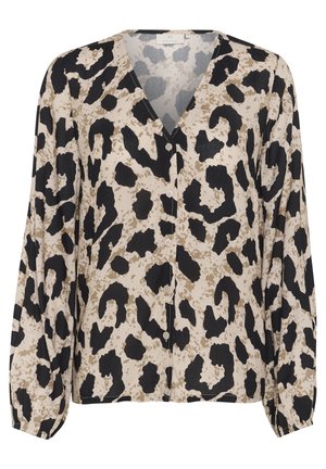 Camicia con bottoni in tessuto leggero, con uno sfondo beige e stampa animale nera e marrone, collo a V e maniche lunghe e affusolate.