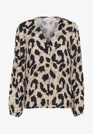 Camicia con bottoni in tessuto leggero, con uno sfondo beige e stampa animale nera e marrone, collo a V e maniche lunghe e affusolate.