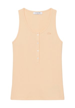Mouwloze beige geribde tanktop met een ronde hals, vier witte knopen aan de voorkant en een klein geborduurd logo op de linkerborst.