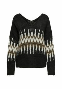Schwarzer Strickpullover mit V-Ausschnitt, mit einem gemusterten Schulterbereich in Weiß und Braun, langen Ärmeln und geripptem Saum. Texturierte Oberfläche.