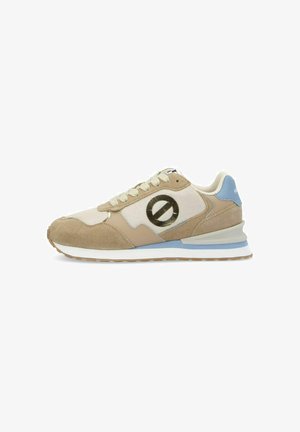Tan and cream sneakers with suede and mesh materials, featuring a round logo detail, light blue accents, and a white sole with light brown tread.