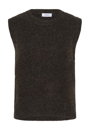 Gilet en tricot sans manches gris foncé avec un col rond et un tissu doux et texturé.