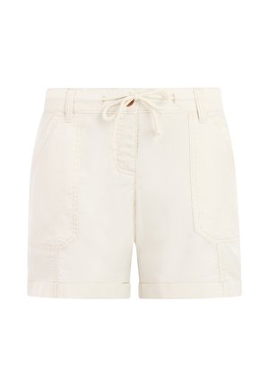 Off-white pamučne kratke hlače s uvrnutim rubovima, prednjim džepovima na zakrpama, omčama za remen i vezicom na pojasu.