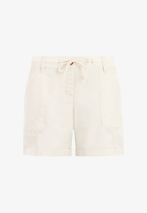 Off-white pamučne kratke hlače s uvrnutim rubovima, prednjim džepovima na zakrpama, omčama za remen i vezicom na pojasu.