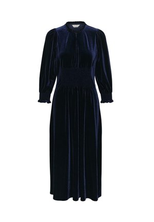 Rochie din catifea bleumarin, cu guler înalt, mâ sleeves lungi tip puff, talie elastică și manșete ondulate. Textură netedă, design lungime până la gleznă.