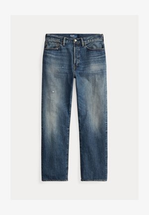 Rentomallinen siniset farkut, joissa haalistettu viimeistely, näkyvät kulumajäljet, suora siluetti ja perinteinen nappisuljenta.