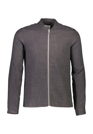 Veste zippée grise avec un motif à carreaux, faite d'un tissu texturé. Dispose d'un col montant et de manches longues avec des poignets.