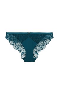 Culotte en dentelle teal avec des motifs floraux et des bords festonnés, dotée d'un tissu uni au centre et d'un petit détail en métal à la taille.