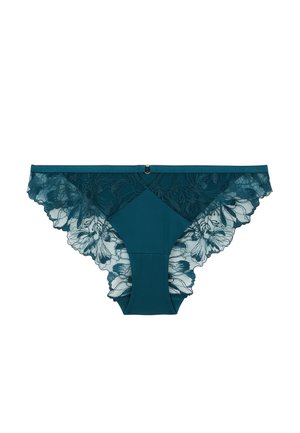 Culotte en dentelle teal avec des motifs floraux et des bords festonnés, dotée d'un tissu uni au centre et d'un petit détail en métal à la taille.
