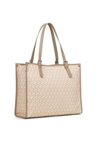 Sac fourre-tout beige avec motif géométrique texturé, en matériau synthétique, deux longues anses et coutures renforcées le long des bords.