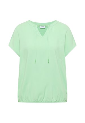 Jasnozielona bluzka z krótkim rękawem, dekoltem w serek, detalem ze sznurkiem i marszczoną elastyczną lamówką, z metką "CECIL" przy kołnierzu.