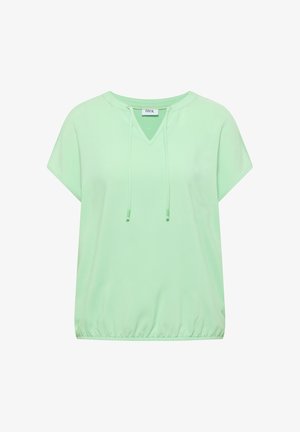 Jasnozielona bluzka z krótkim rękawem, dekoltem w serek, detalem ze sznurkiem i marszczoną elastyczną lamówką, z metką "CECIL" przy kołnierzu.