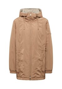 Veste beige, imperméable, avec capuche, fermeture éclair à l'avant, cordon de serrage ajustable, poignets élastiques et poches latérales. Texture lisse, conception légère.