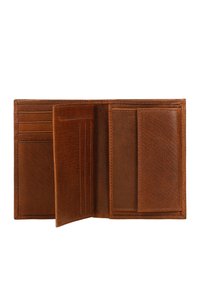 Brown leather wallet with a textured finish. Features multiple card slots and compartments for storage, stitched edges, and a minimalist design.