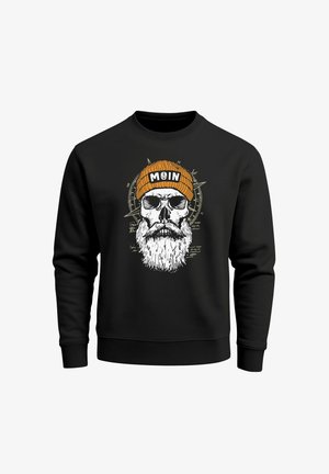 Black sweatshirt featuring a skull graphic adorned with a beanie that has "MOIN" text. The design includes a white beard and layered textures.