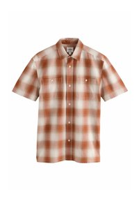 Camicia a maniche corte a quadri nei colori ruggine, bianco e arancione smorzato; presenta due tasche sul petto e bottoni bianchi con un design di colletto classico.