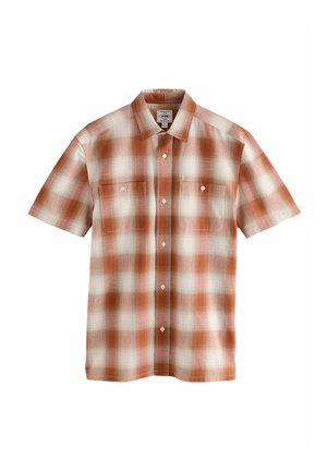 Kortarmig, gekraagd shirt met een ruitpatroon in tinten van roest, crème en bruin, met twee borstzakken en knoopsluiting.