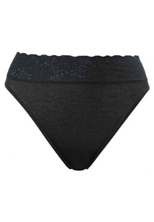 Zwarte bikini ondergoed met een scalloped kant tailleband en een gladde textuur, met een klassieke snit en naadloze zijden voor comfort.
