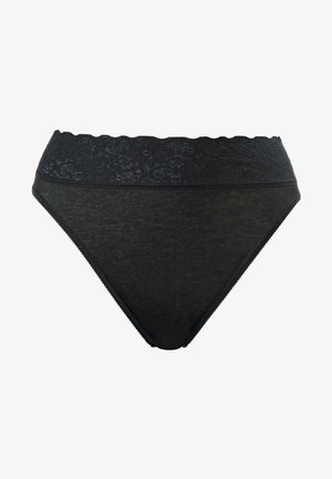 Culotte de bikini noir avec une taille en dentelle festonnée et une texture lisse, dotée d'une coupe classique et de côtés sans couture pour plus de confort.