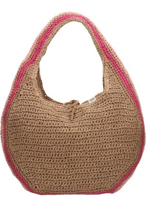 Beige geweven schoudertas met roze strepen langs de randen en een klein stoffen label met het opschrift BARTS vlak bij de opening.