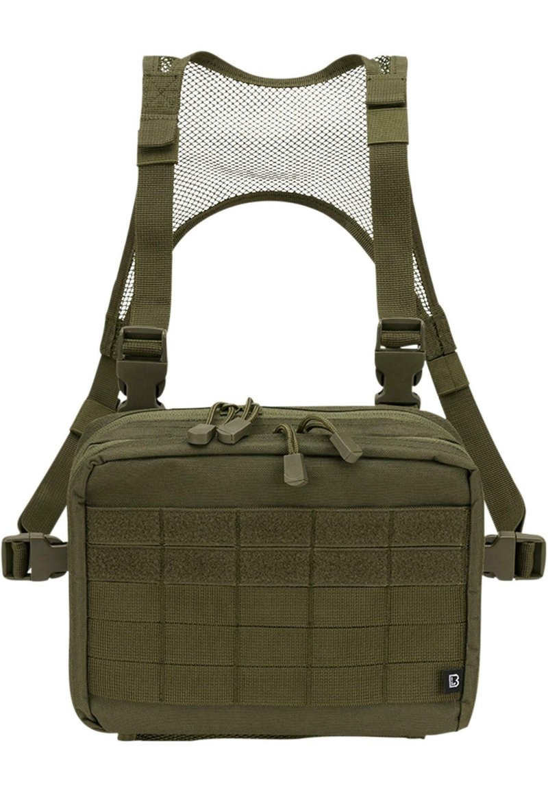 Borsa tattica da petto verde oliva con spallacci in rete regolabili, diversi scomparti con zip e un motivo a griglia per accessori.