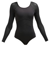 Bodysuit negro de manga larga hecho de un tejido suave con un diseño ajustado. Presenta detalles de malla en las mangas y una costura curva en la cintura.