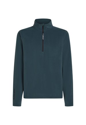 Pullover-Fleeceoberteil in Dunkeltürkis, mit einem halben Reißverschluss, langen Ärmeln und schwarzen Hardware-Elementen, einschließlich des "Polartec"-Logos auf dem Ärmel.