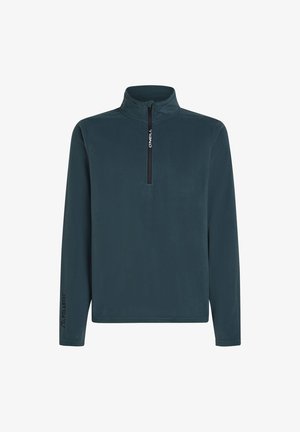 Donker teal fleece pullover met een half-rits halslijn, lange mouwen en zwarte hardware met het "Polartec" logo op de mouw.