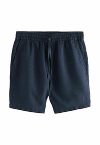 Marineblå linnedanske shorts med elastisk talje, snøre og to sidelommer. Har en glat tekstur og en afslappet pasform.
