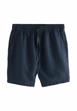 Shorts en lin bleu marine avec une taille élastique, un cordon de serrage et deux poches latérales. Présente une texture lisse et une coupe décontractée.