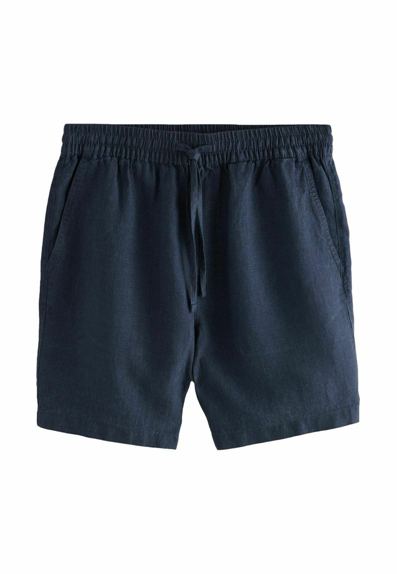 Marineblå linnedanske shorts med elastisk talje, snøre og to sidelommer. Har en glat tekstur og en afslappet pasform.
