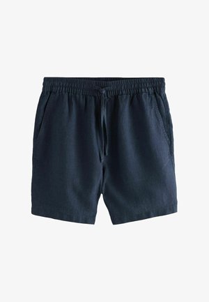 Pantalones cortos de lino azul marino con cintura elástica, cordón ajustable y dos bolsillos laterales. Textura suave, longitud por encima de la rodilla.