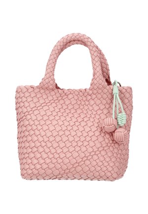 Rózsaszín szőtt kézitáska két fogóval, dekoratív menta zöld és rózsaszín csomózott bojttal, fehér háttéren.