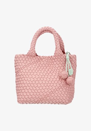 Rózsaszín szőtt kézitáska két fogóval, dekoratív menta zöld és rózsaszín csomózott bojttal, fehér háttéren.