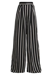 Pantalon à jambes larges rayé noir et crème avec une taille haute et un tissu lisse et léger. Comprend des plis et une ceinture unie.