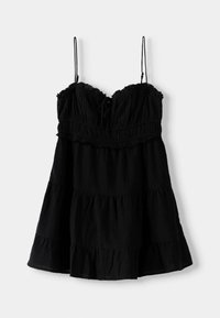 Svart ärmlös klänning i lättviktsmaterial, med en volangig topp, flerlagad kjol och justerbara spagettistänger.