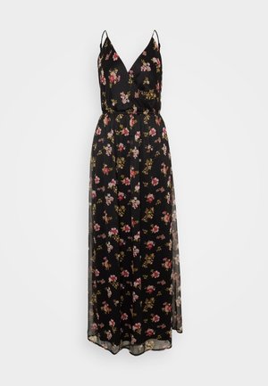 Melna ziedu garā kleita ar plānām siksnām, ar V veida kakla izgriezumu, izceltu vidukli un caurspīdīgu pārklājumu. Ziedu raksts rozā un zelta toņos.