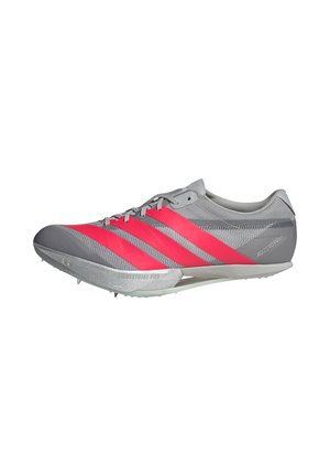 Grey athletic shoes with pink stripes, featuring a sleek design, lightweight material, and spiked soles for traction.