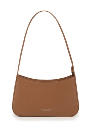 Brązowa skórzana torba na ramię z cienkim paskiem i srebrnym logo "VIVISENCE" umieszczonym na środku z przodu.